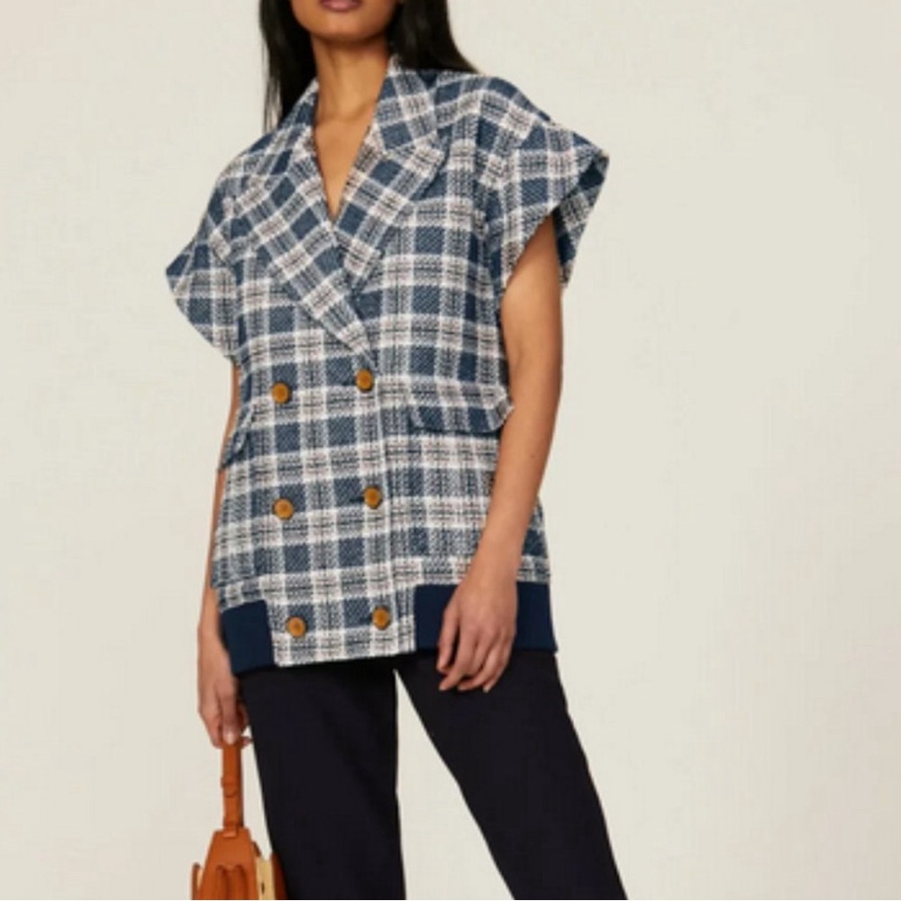 VERONICA BEARD Women's Enzo Dickey Double-Breasted Vest Size L in Plaid Blue